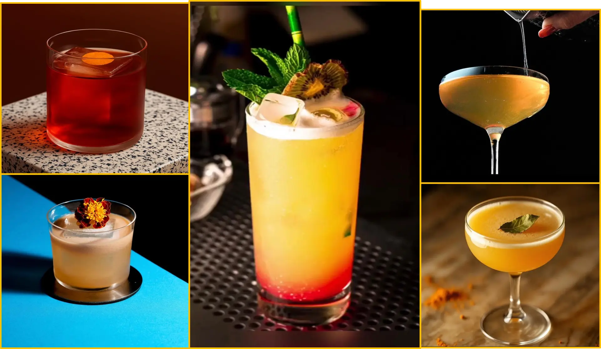 Cócteles de autor en diferentes presentaciones — collage de coctelería Stage